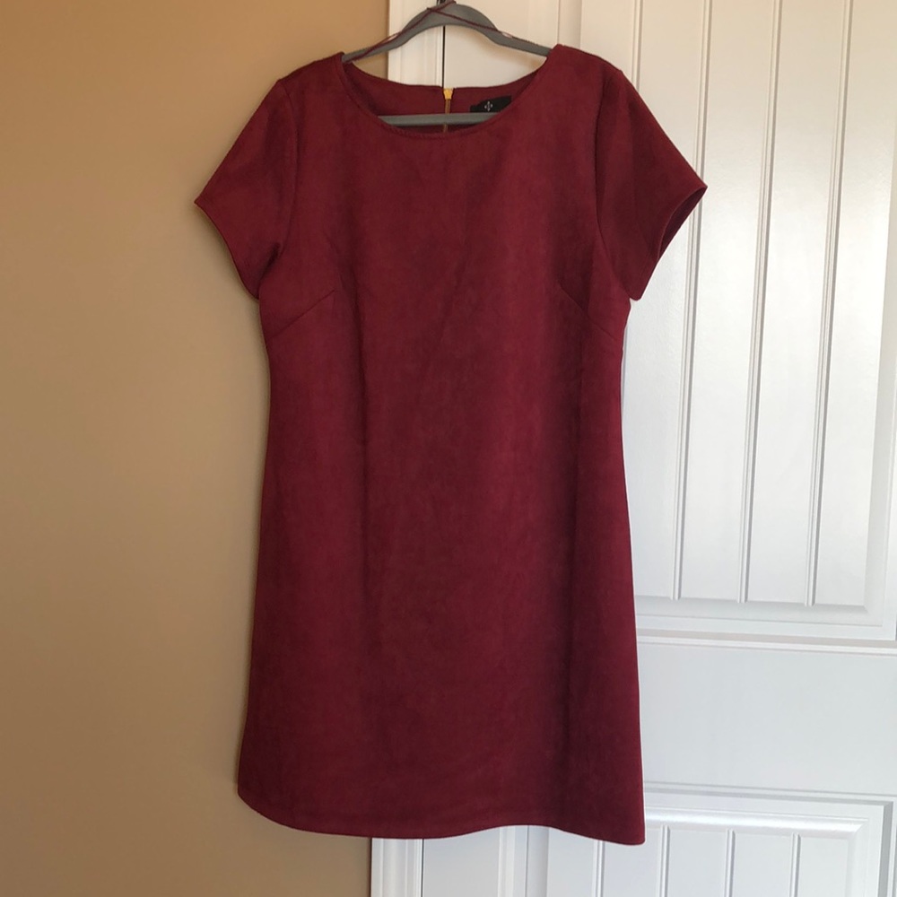 Ronni Nicole suede look short sleeve shift dress with gold back zipper; size 14